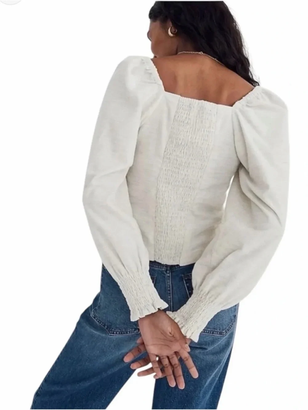 Women’s Cream Button-Front Corduroy Puff Sleeve Top